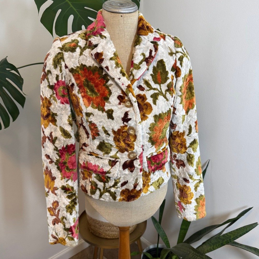 Lucky Brand Velvet Floral Blazer Jacket Women Size S White Red Orange Green